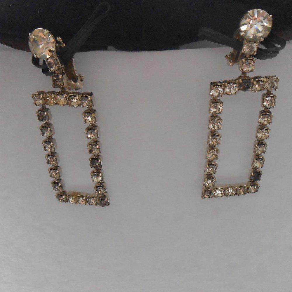 Rectangular Clear Rhinestone Clip On Earrings. Vi… - image 2